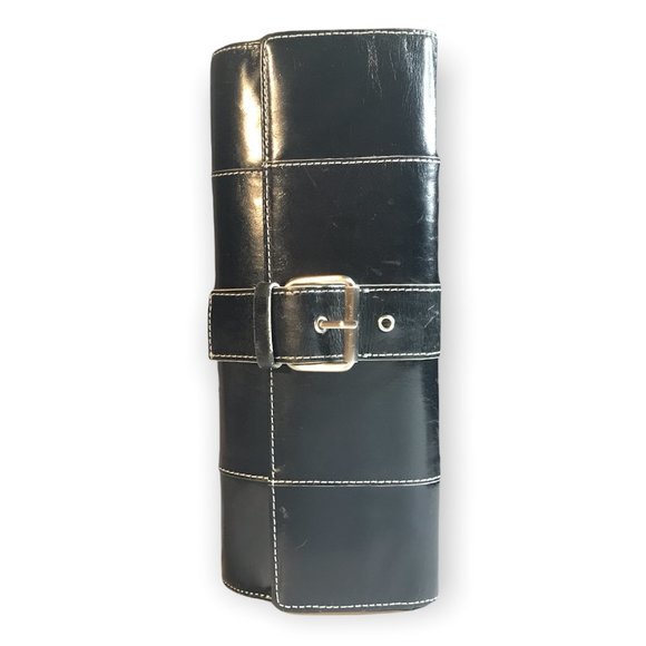 KENNETH COLE New York BLACK Genuine leather SILVER FLAP Clutch - Picture 1 of 5